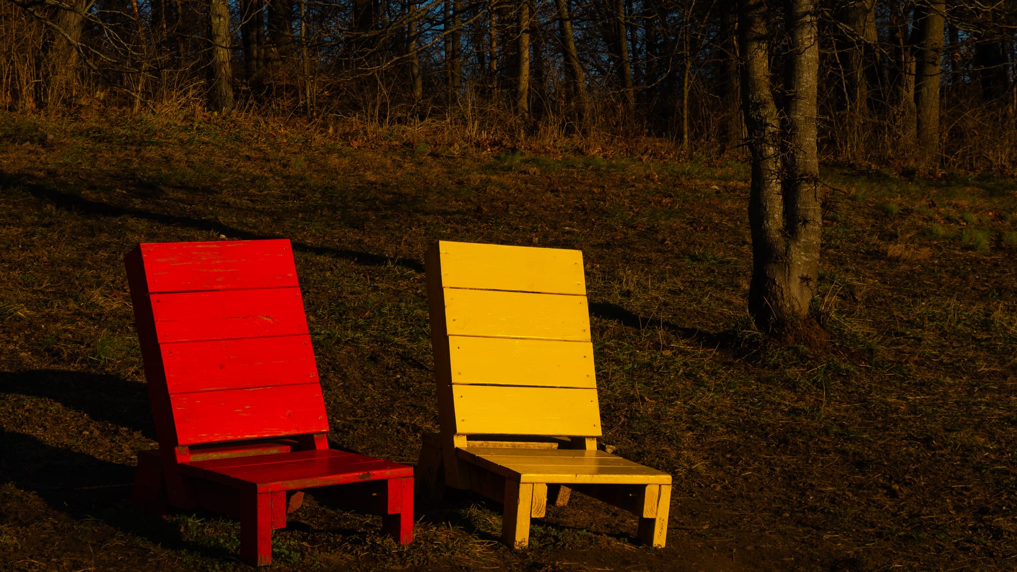 Two chairs, red and yellow